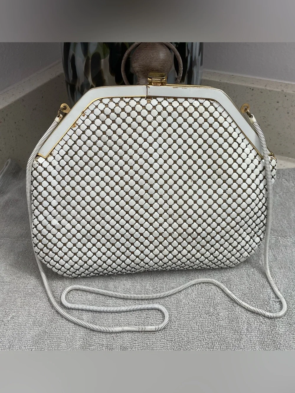 La Regale Vintage Handmade White Flat Bead Clutch with Gold Hardware